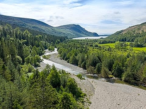 Drone photo of a river running through pine trees towards a lake at Wild Ennerdale.
