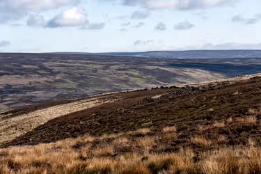 Grouse moor overlooking Thornhill reserve. Denuded banks and top, patches of trees in the lower areas, but very limited. Some sheep grazing and evidence of past fires. Characteristic views, including of Ladybower Reservoir.