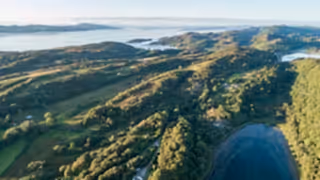 Aerial view of rainforest fragments in Tayvallich, Scotland.