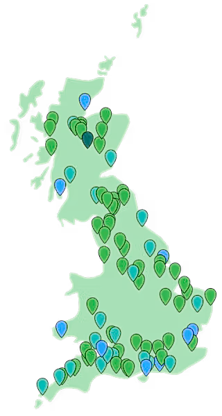 Map of Britain marked with pins to indicate locations of all Rewilding Network projects